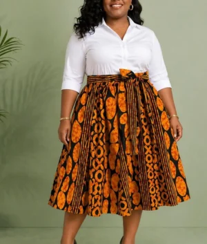 Oseni Orange African Print High-Waisted Midi Skirt