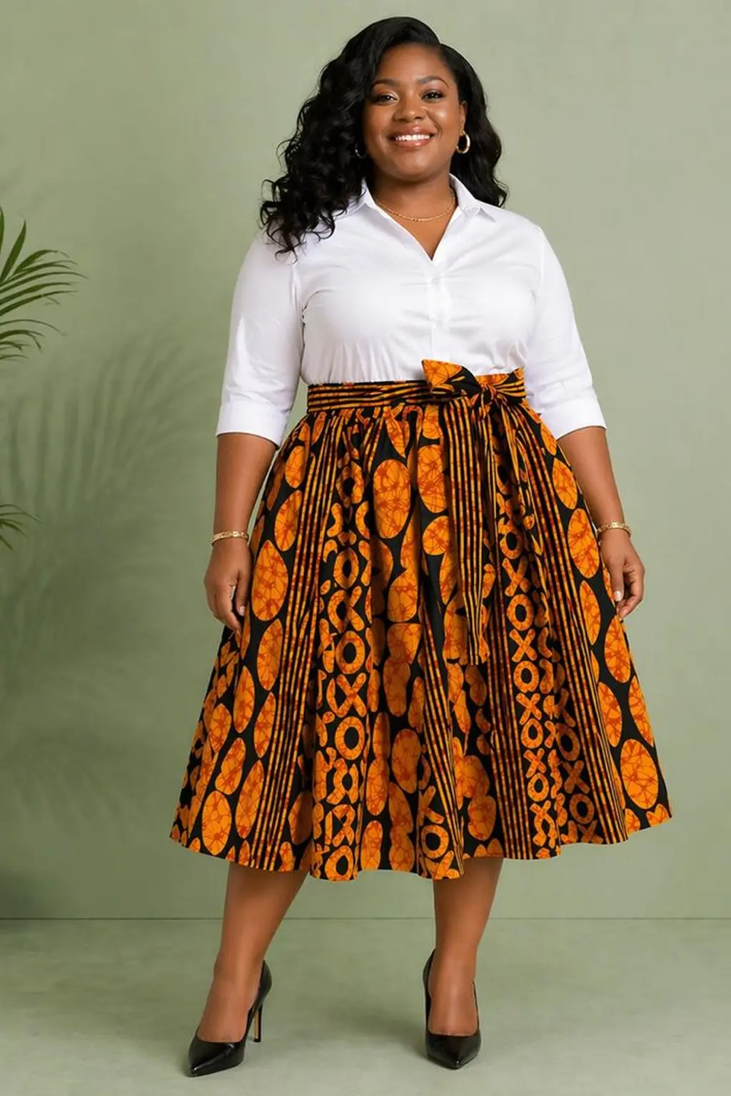 Oseni Orange African Print High-Waisted Midi Skirt