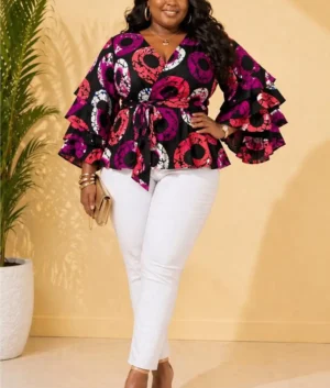 Nala Plum African Print Ruffle Wrap Top