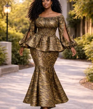 Zari Bronze African Print Peplum Mermaid Dress