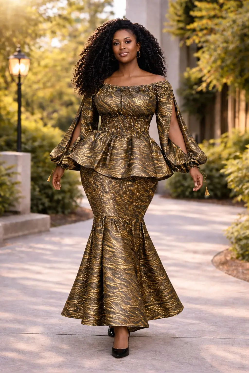 Zari Bronze African Print Peplum Mermaid Dress