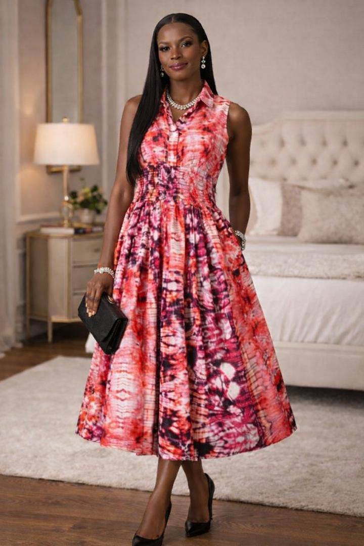 Red Multicolor Tie-Dye Sleeveless Midi Dress with Cinched Waist 3 Red Multicolor Tie-Dye Sleeveless Midi Dress with Cinched Waist - Image 3