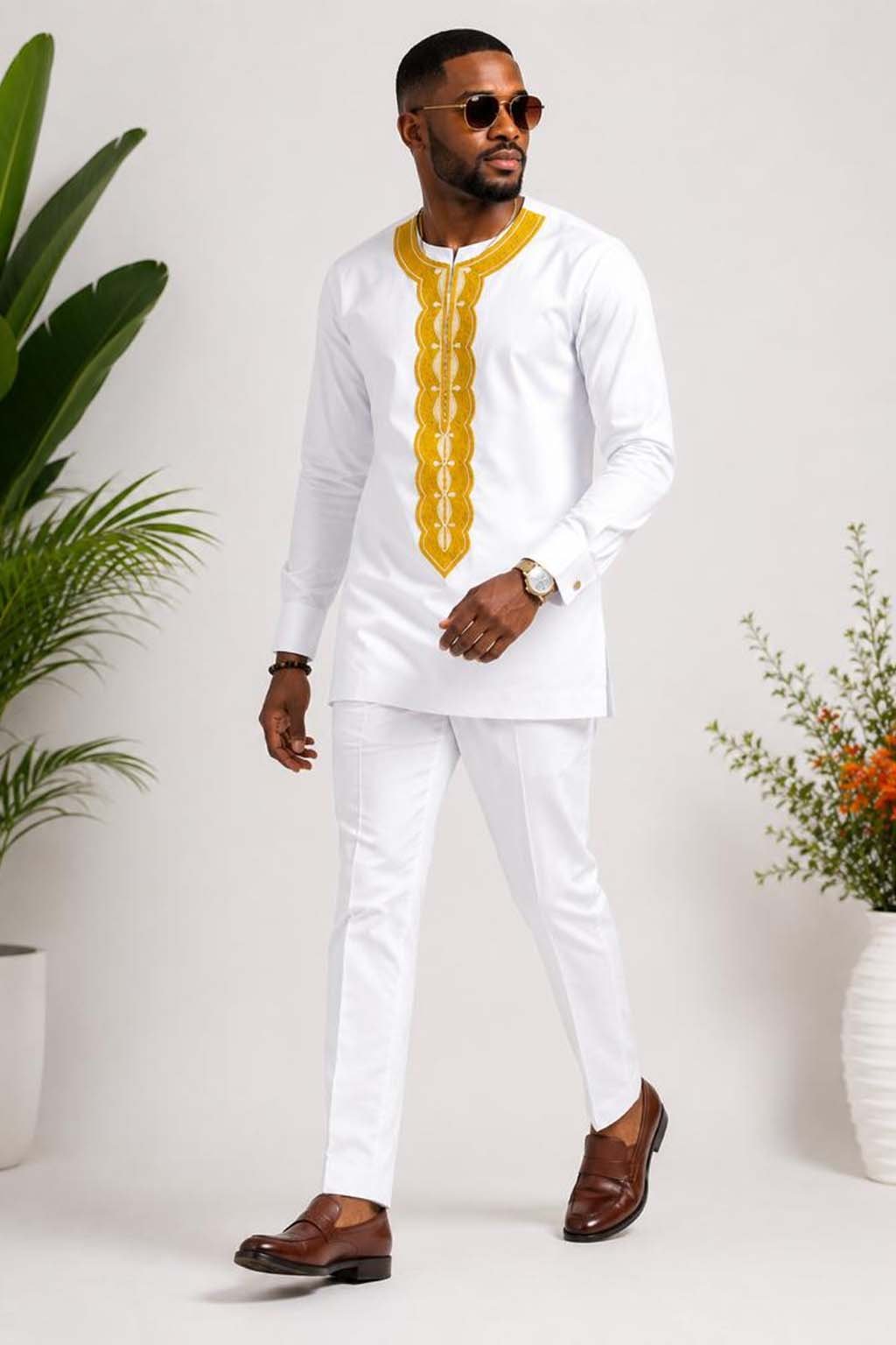 White Dashiki Embroidered African Print Suit Set 2 White Dashiki Embroidered African Print Suit Set - Image 2
