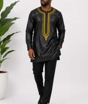 Men's Black African Print Kaftan Suit