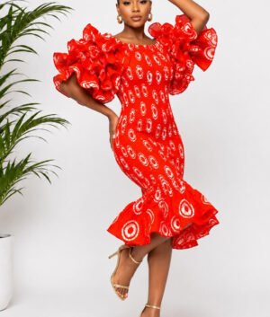 Ohemaa Luxury Ruffle Women's Red African Print Dress
