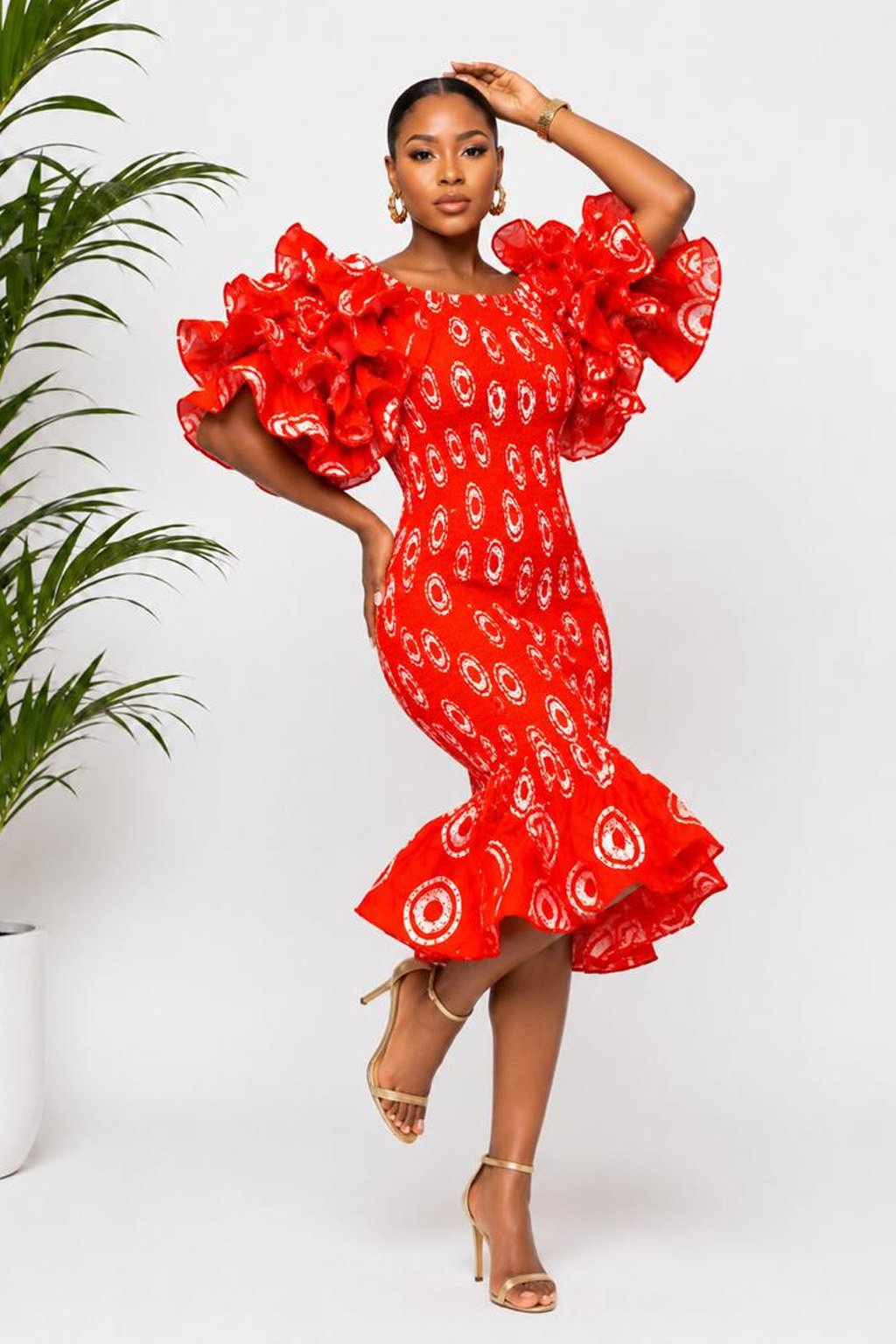 Ohemaa Luxury Ruffle Women's Red African Print Dress