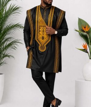 Men's 3-Piece Black African Print Agbada Suit