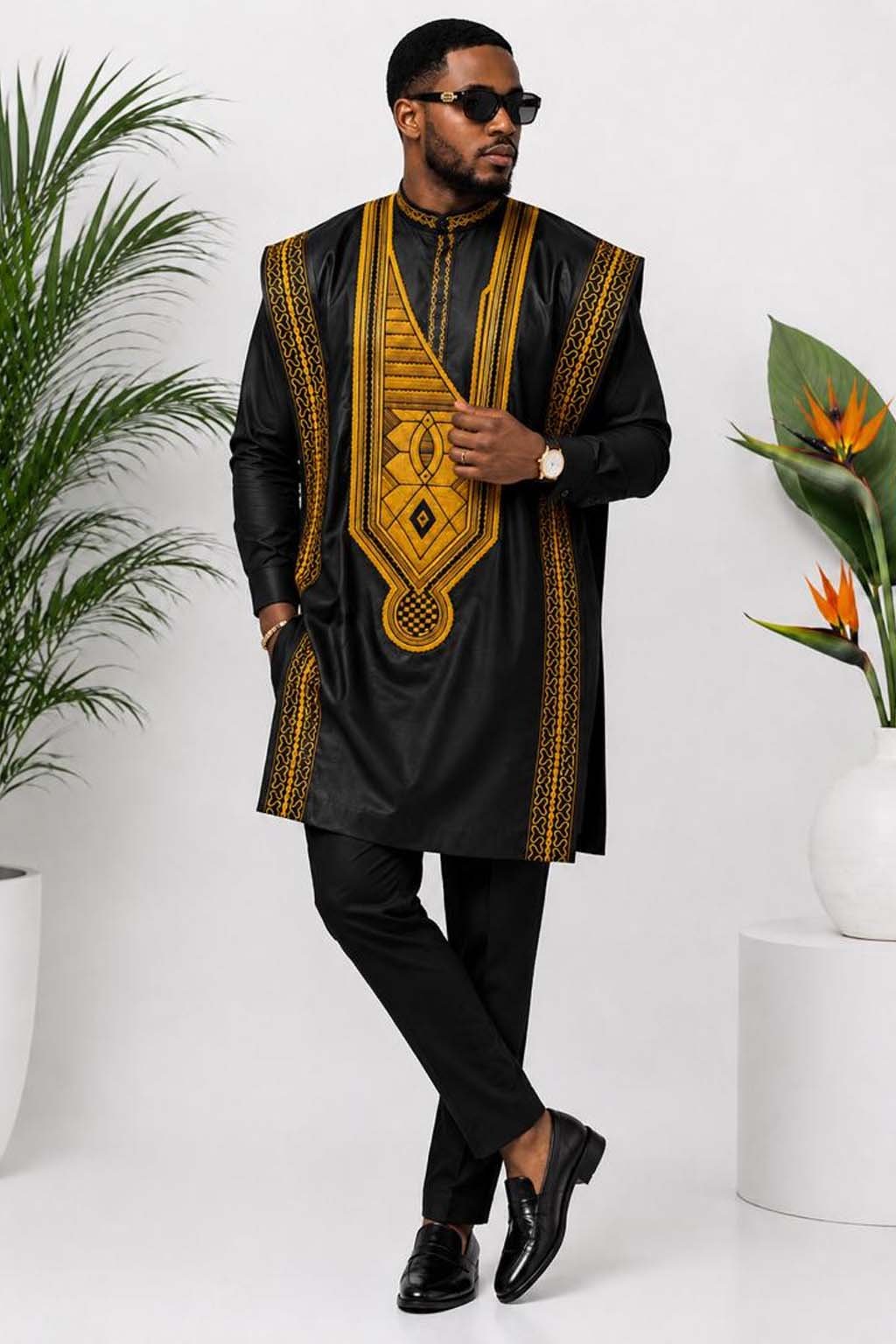 Men's 3-Piece Black African Print Agbada Suit