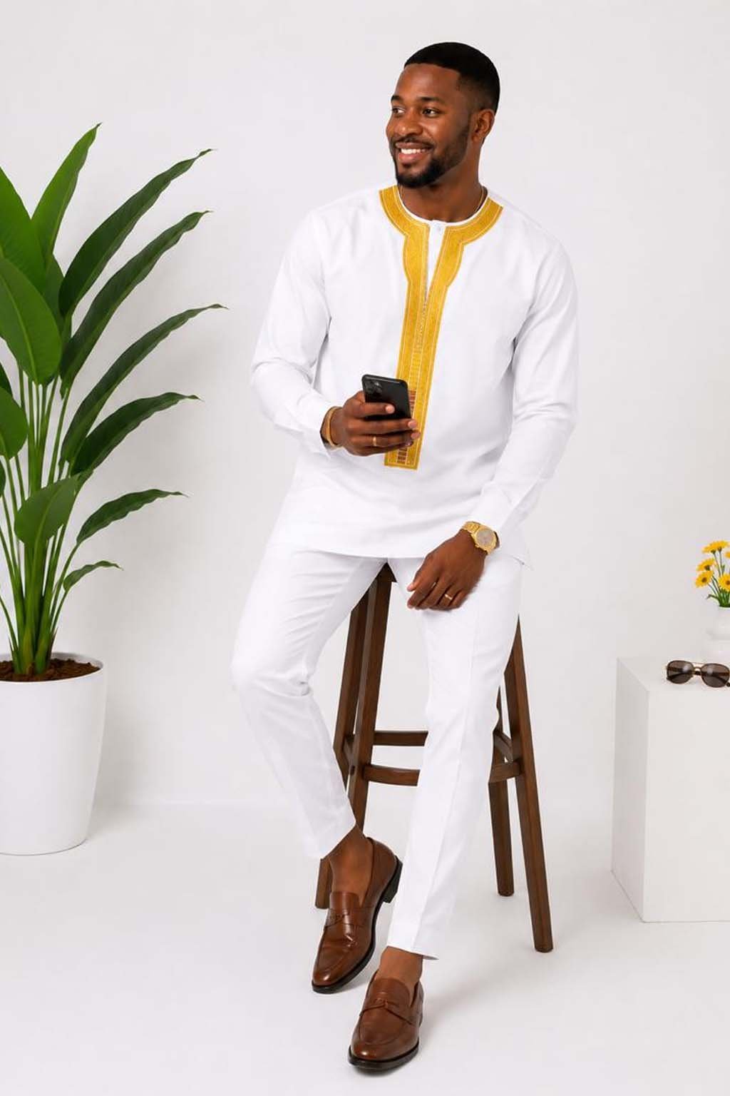 Men's White African Print Kaftan Suit 2 Men's White African Print Kaftan Suit - Image 2