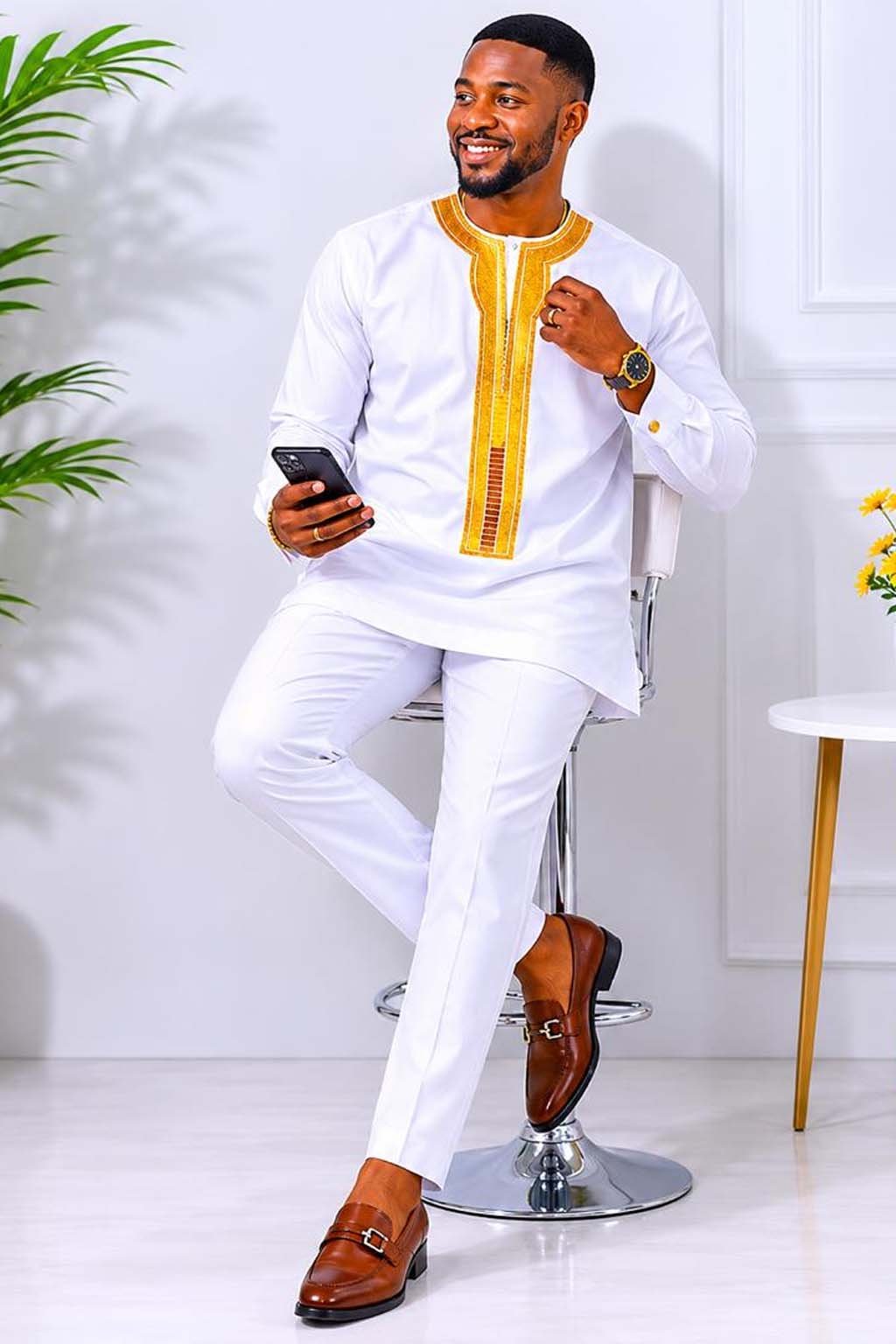 Men's White African Print Kaftan Suit 4 Men's White African Print Kaftan Suit - Image 4