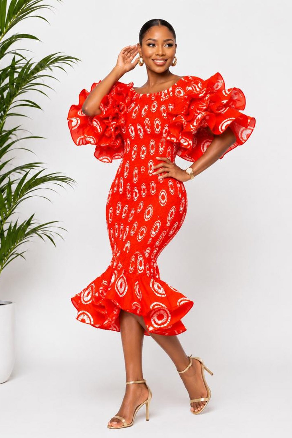 Ohemaa Luxury Ruffle Women's Red African Print Dress 2 Ohemaa Luxury Ruffle Women's Red African Print Dress - Image 2