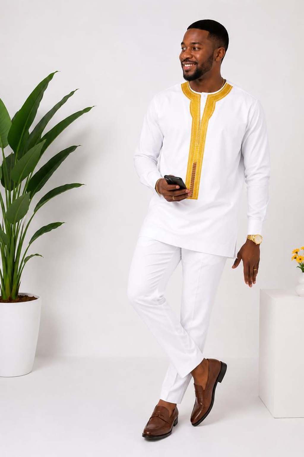 Men's White African Print Kaftan Suit 3 Men's White African Print Kaftan Suit - Image 3
