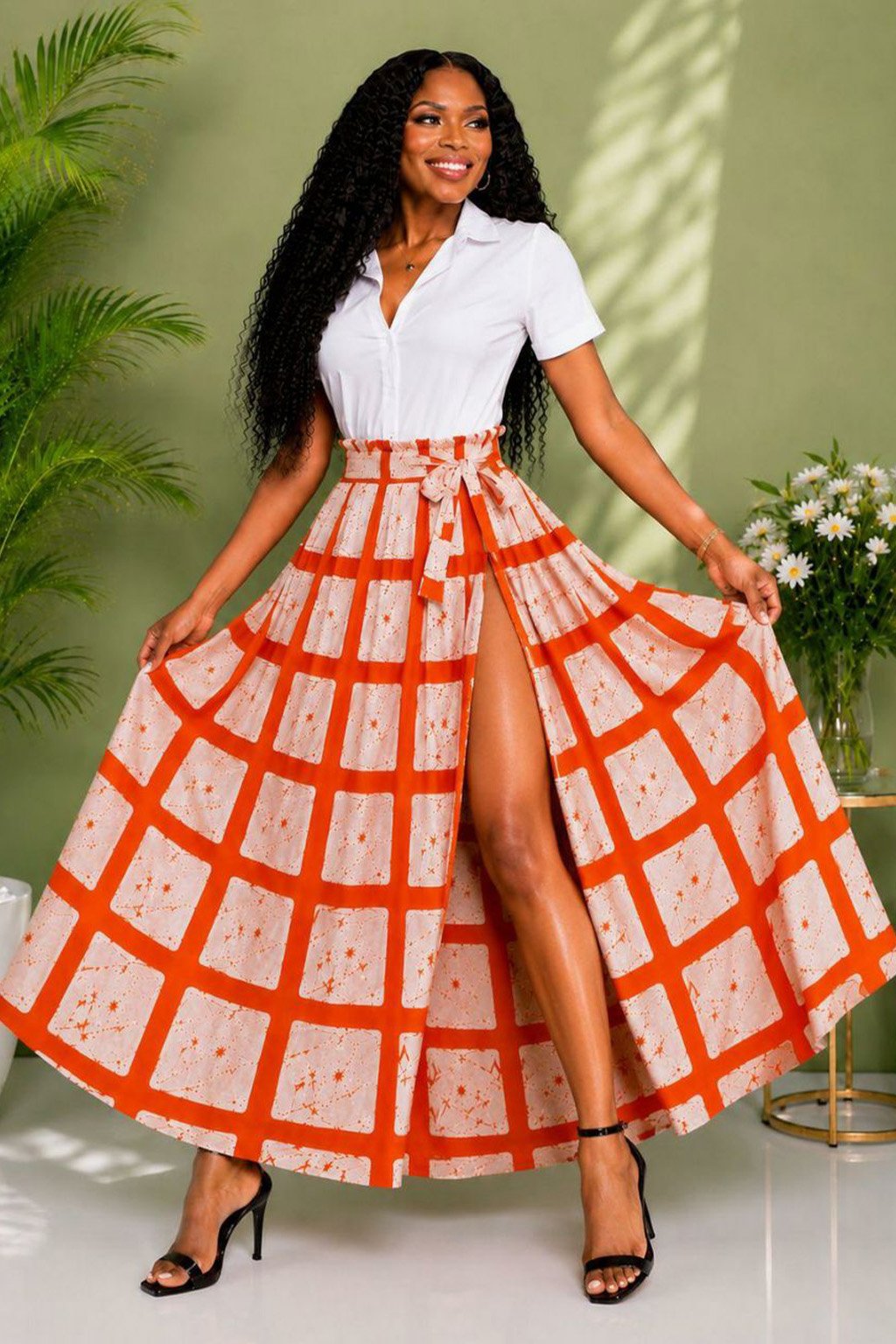 Orange Plaid Maxi African Print Skirt 2 Orange Plaid Maxi African Print Skirt - Image 2
