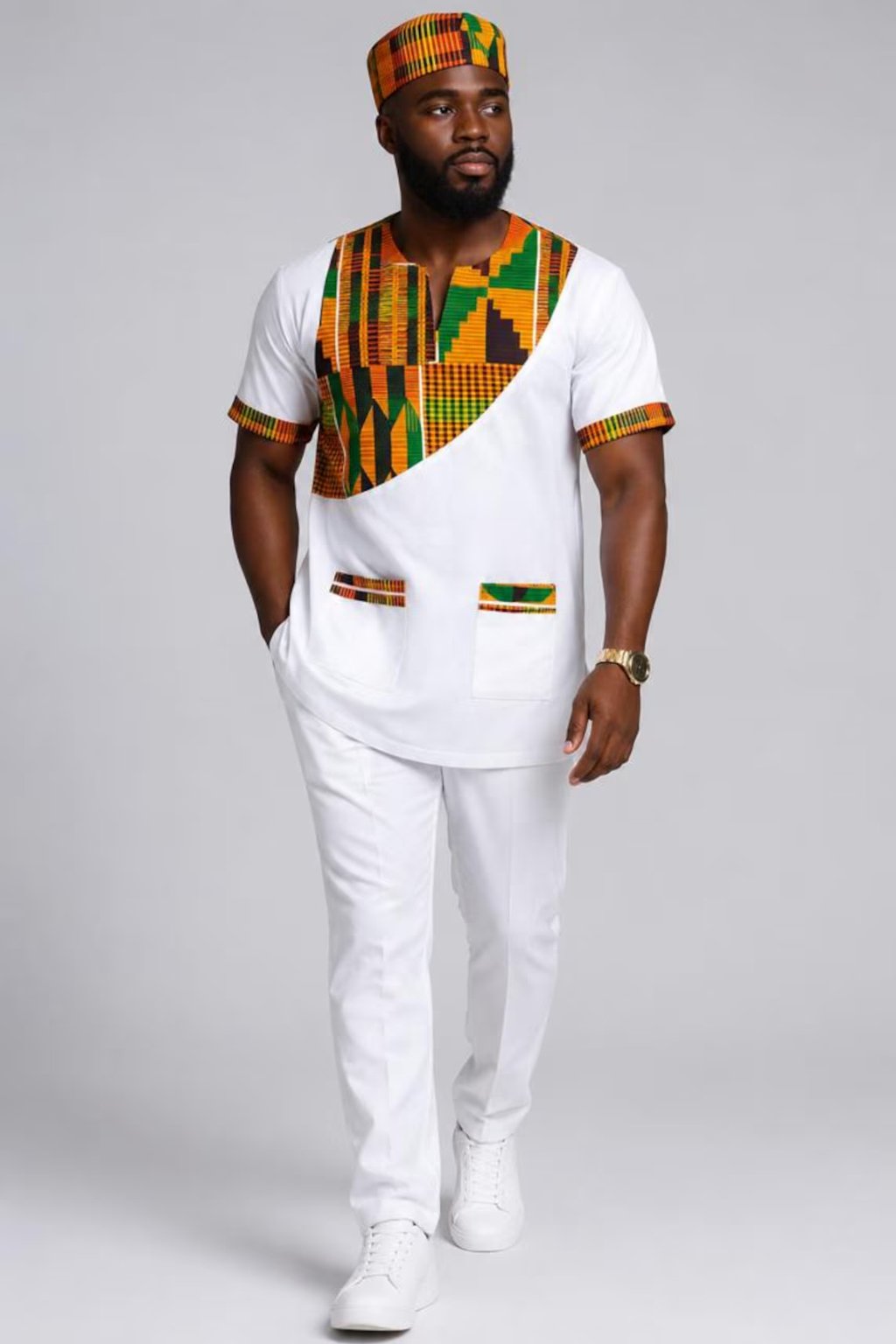 White Kente Patchwork African Print Shirt 4 White Kente Patchwork African Print Shirt - Image 4