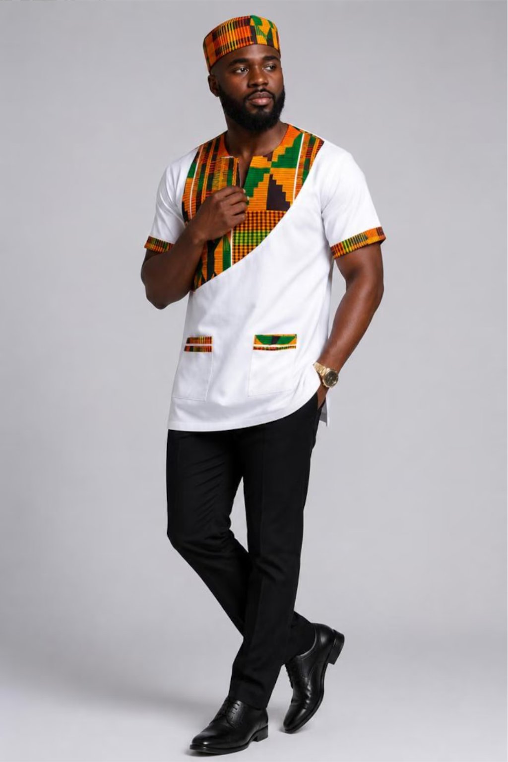 White Kente Patchwork African Print Shirt 2 White Kente Patchwork African Print Shirt - Image 2