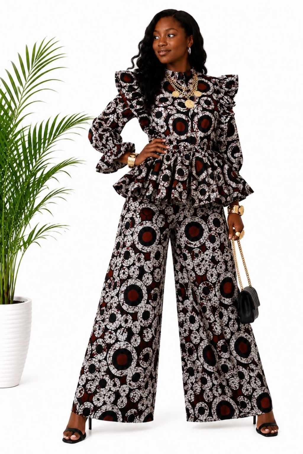 Brown Circle Batik African Print Peplum Top & Pants Set 3 Woman wearing a brown, black and cream circle batik African print peplum top and wide-leg pants set - view 3