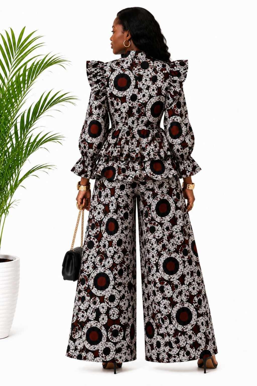 Brown Circle Batik African Print Peplum Top & Pants Set 4 Woman wearing a brown, black and cream circle batik African print peplum top and wide-leg pants set - view 4