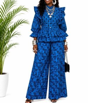 Woman wearing a cobalt blue and black tribal symbol African print peplum top and wide-leg pants set