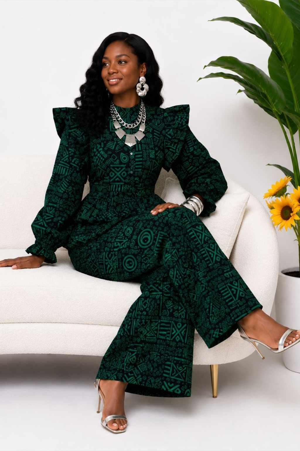 Green Tribal African Print Peplum Top & Pants Set 2 Woman wearing a deep green and black tribal African print peplum top and wide-leg pants set - view 2