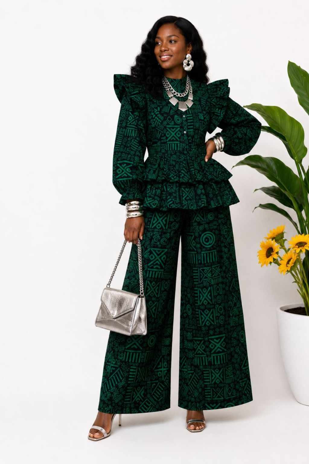 Green Tribal African Print Peplum Top & Pants Set 4 Woman wearing a deep green and black tribal African print peplum top and wide-leg pants set - view 4