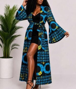 Woman wearing a blue, black and yellow circular African print long kimono duster with bell sleeves