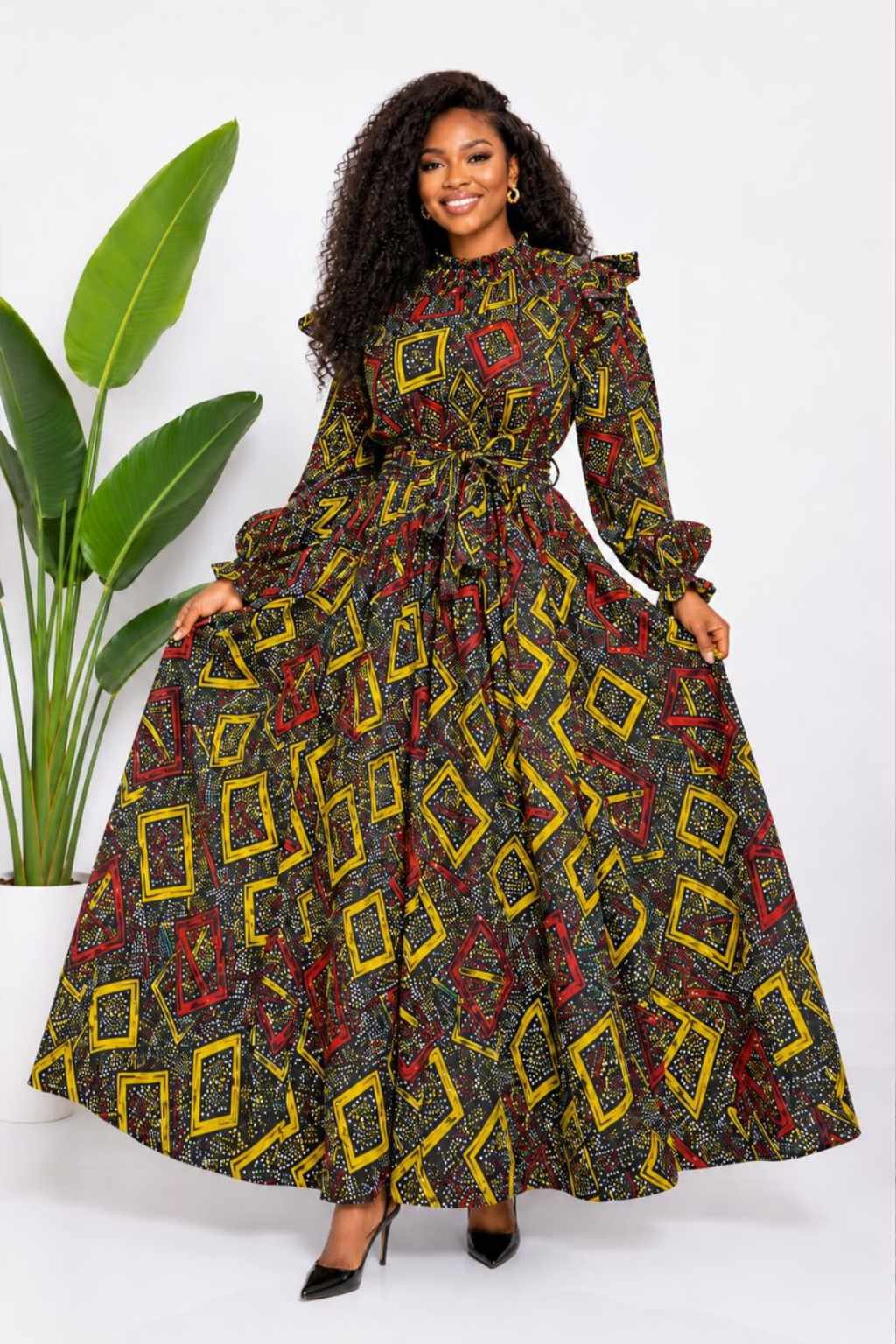 Black Gold & Red Geometric African Print Top & Skirt Set 2 Woman wearing a black, gold and red geometric diamond African print two-piece top and maxi skirt set - view 2