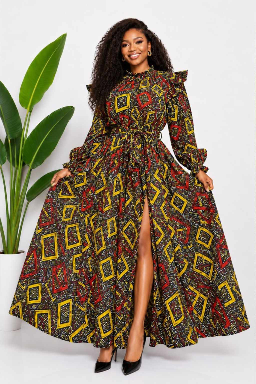 Black Gold & Red Geometric African Print Top & Skirt Set 3 Woman wearing a black, gold and red geometric diamond African print two-piece top and maxi skirt set - view 3