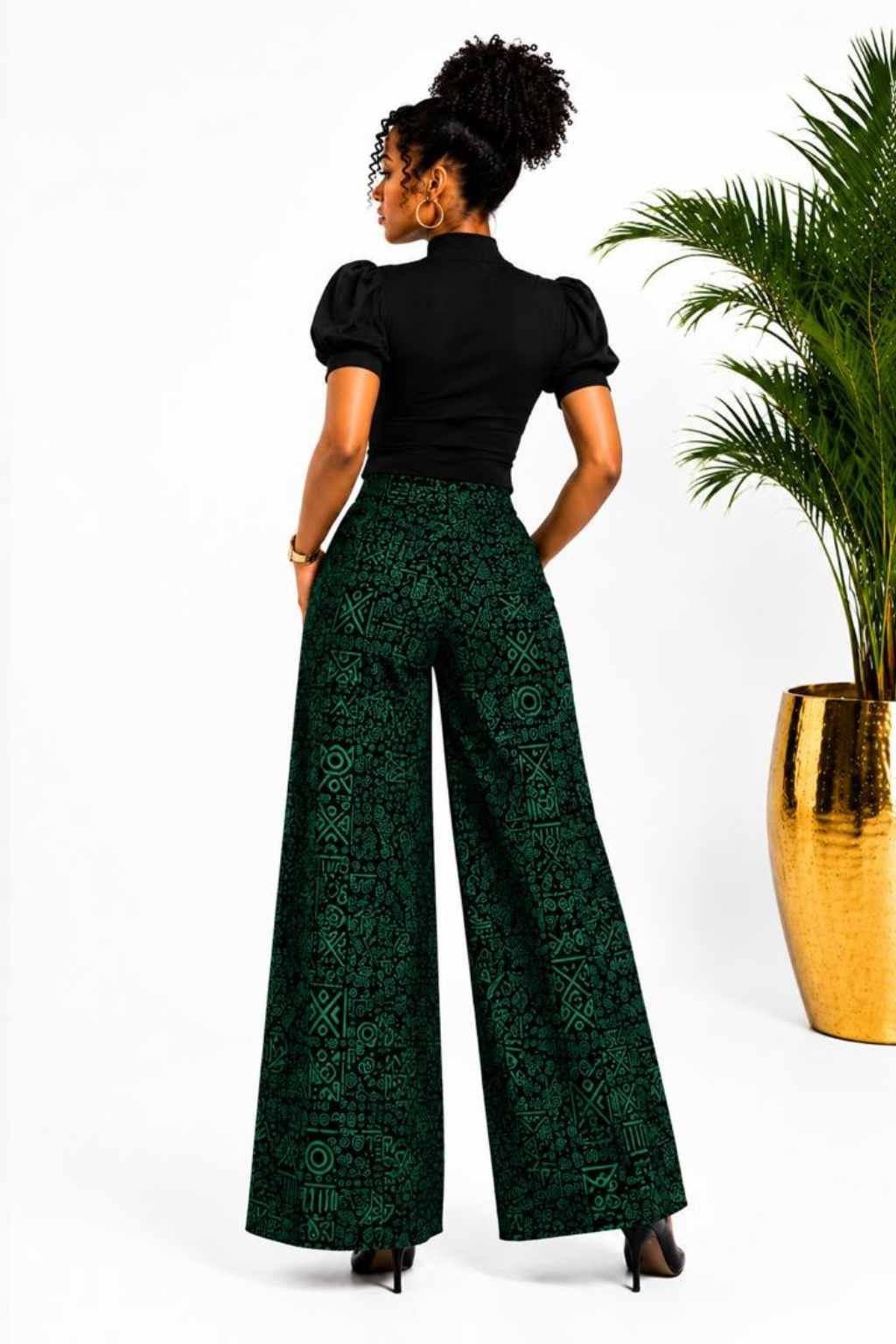 Green Tribal African Print Wide-Leg Palazzo Pants 3 Woman wearing green and black tribal African print wide-leg palazzo pants - view 3