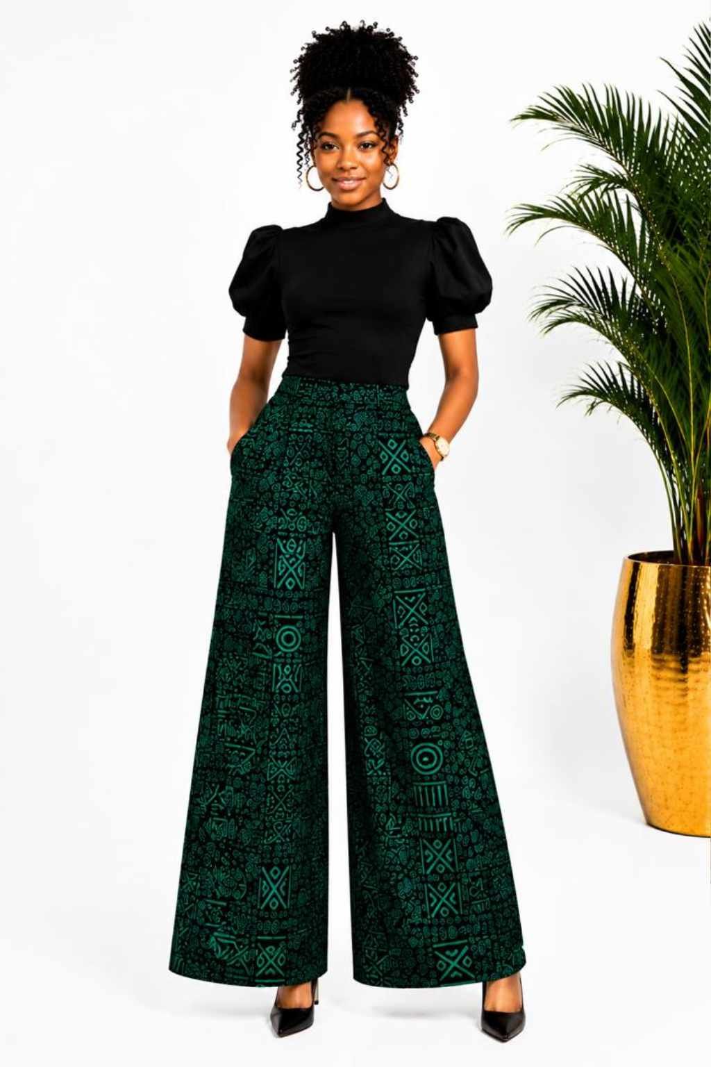Green Tribal African Print Wide-Leg Palazzo Pants 2 Woman wearing green and black tribal African print wide-leg palazzo pants - view 2