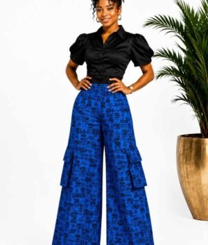 Woman wearing blue and black tribal African print cargo wide-leg palazzo pants