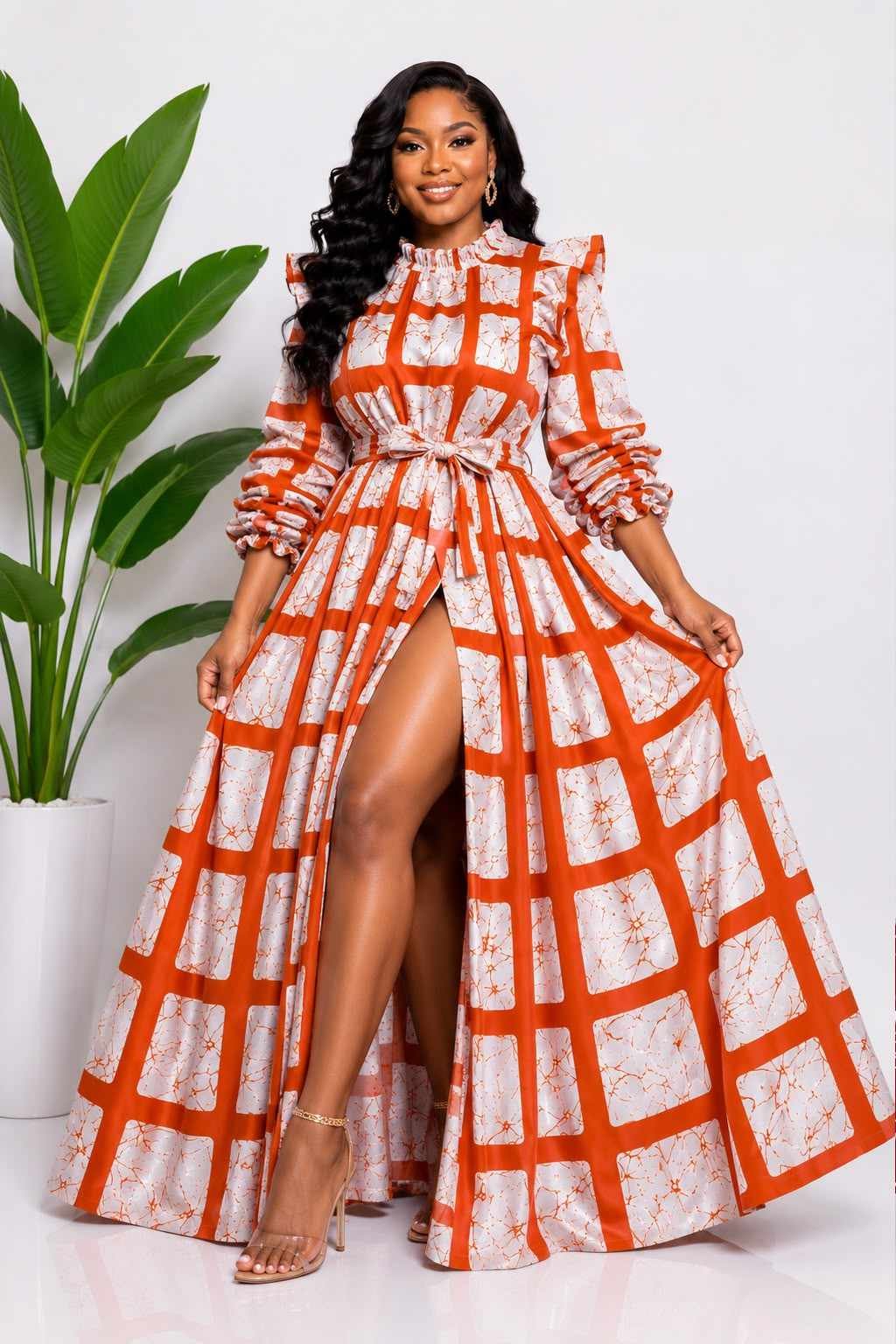 Rust Orange Windowpane Check African Print Top & Skirt Set 2 Woman wearing a rust orange and cream windowpane check African print two-piece top and maxi skirt set - view 2