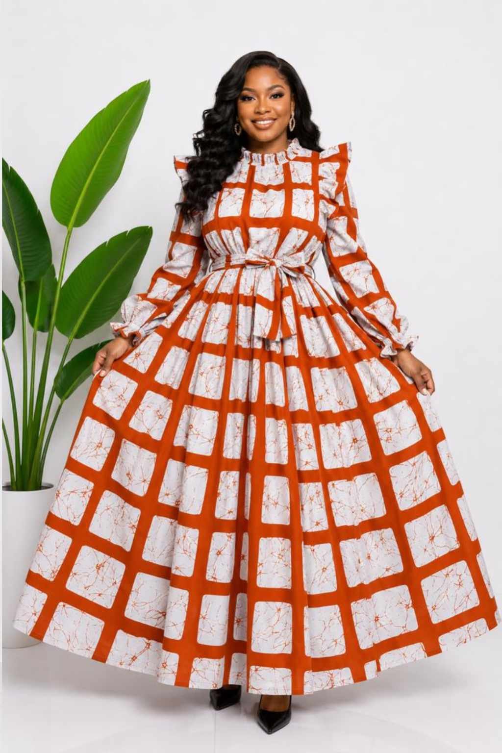 Rust Orange Windowpane Check African Print Top & Skirt Set 3 Woman wearing a rust orange and cream windowpane check African print two-piece top and maxi skirt set - view 3