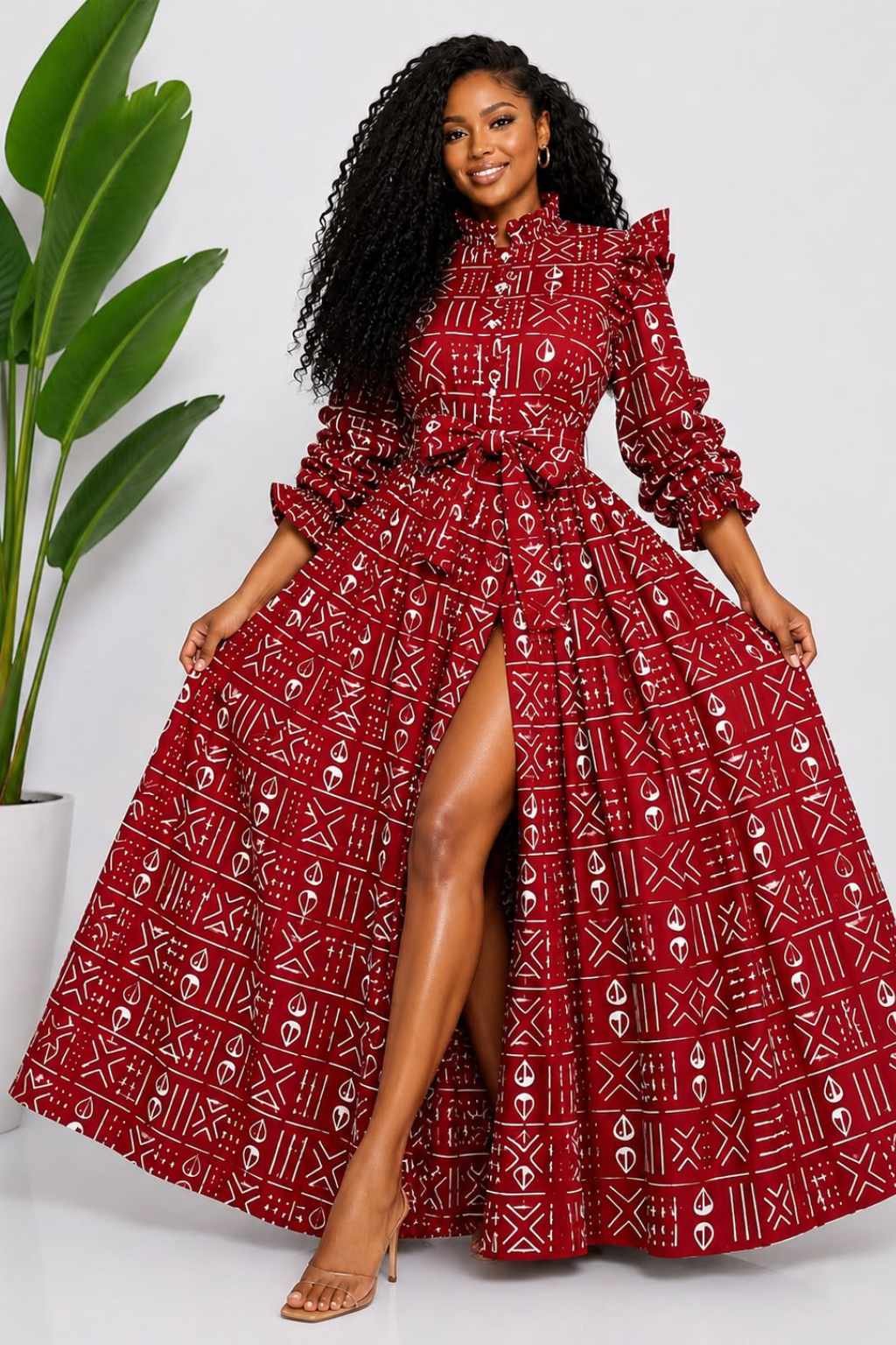 Red & White Mudcloth African Print Top & Skirt Set 2 Woman wearing a red and white mudcloth bogolan African print two-piece top and maxi skirt set - view 2