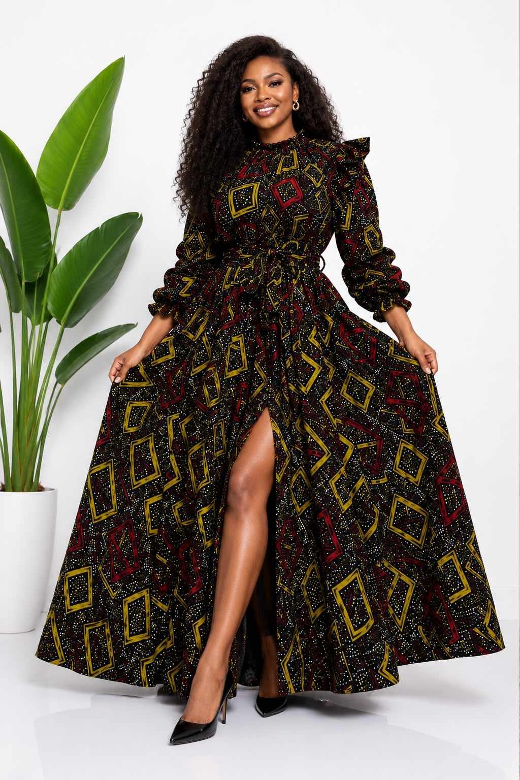 Black Gold & Red Geometric African Print Top & Skirt Set 4 Woman wearing a black, gold and red geometric diamond African print two-piece top and maxi skirt set - view 4