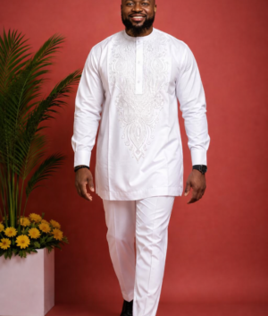 Men’s White African Embroidered Kaftan Set | Traditional Nigerian Agbada‑Style Outfit | Elegant Dashiki for Weddings, Parties & Cultural Events