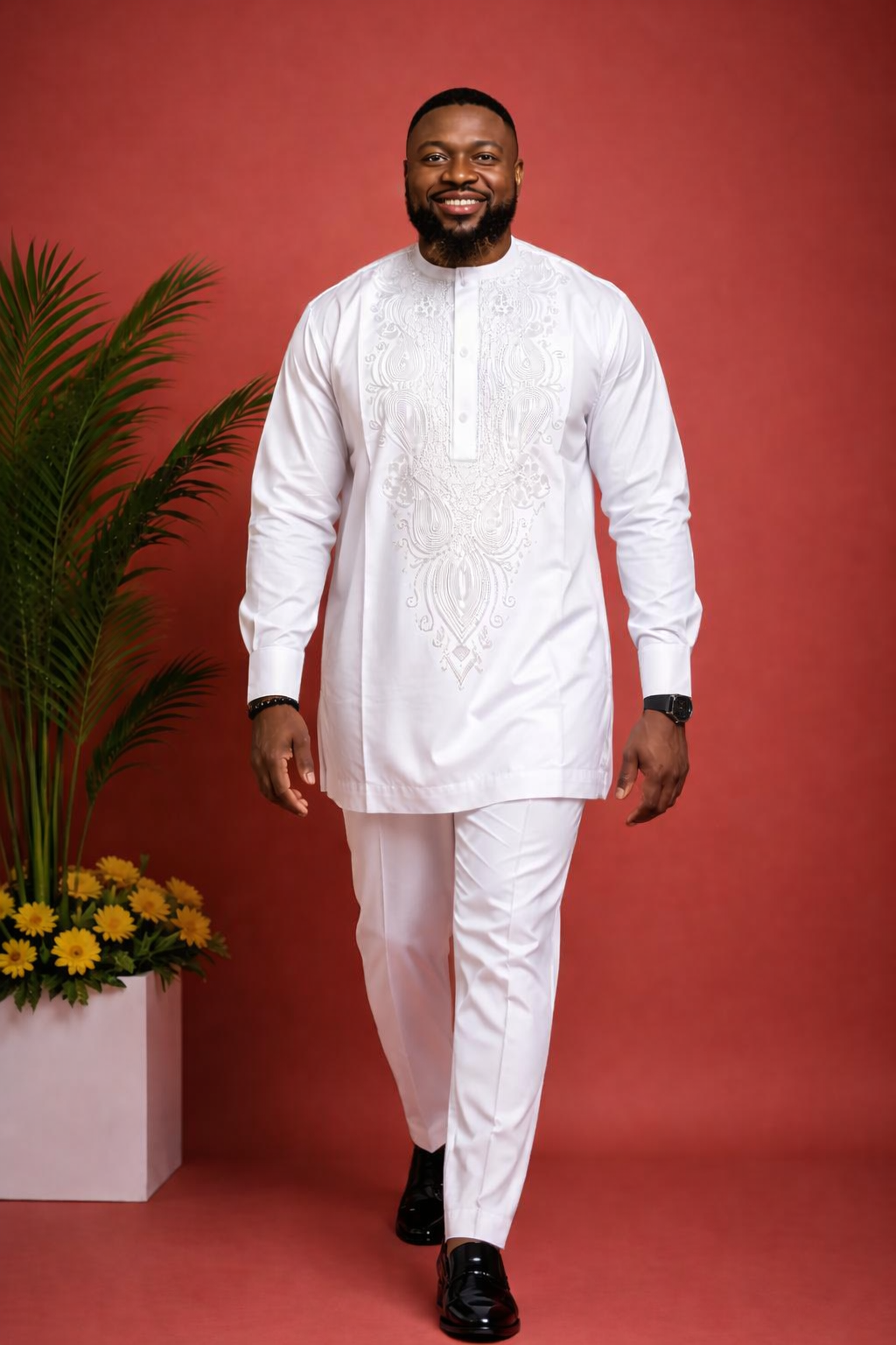 Men’s White African Embroidered Kaftan Set | Traditional Nigerian Agbada‑Style Outfit | Elegant Dashiki for Weddings, Parties & Cultural Events