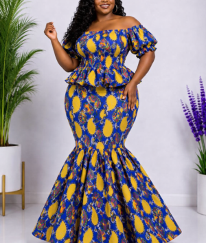 Vibrant African Print Off‑Shoulder Peplum Top & Mermaid Skirt Set