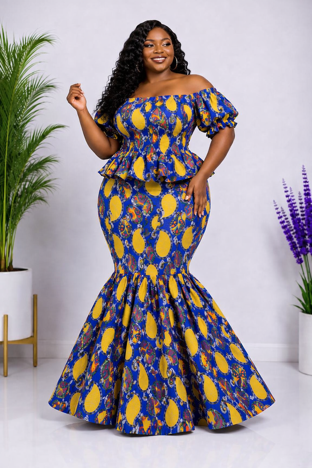 Vibrant African Print Off‑Shoulder Peplum Top & Mermaid Skirt Set