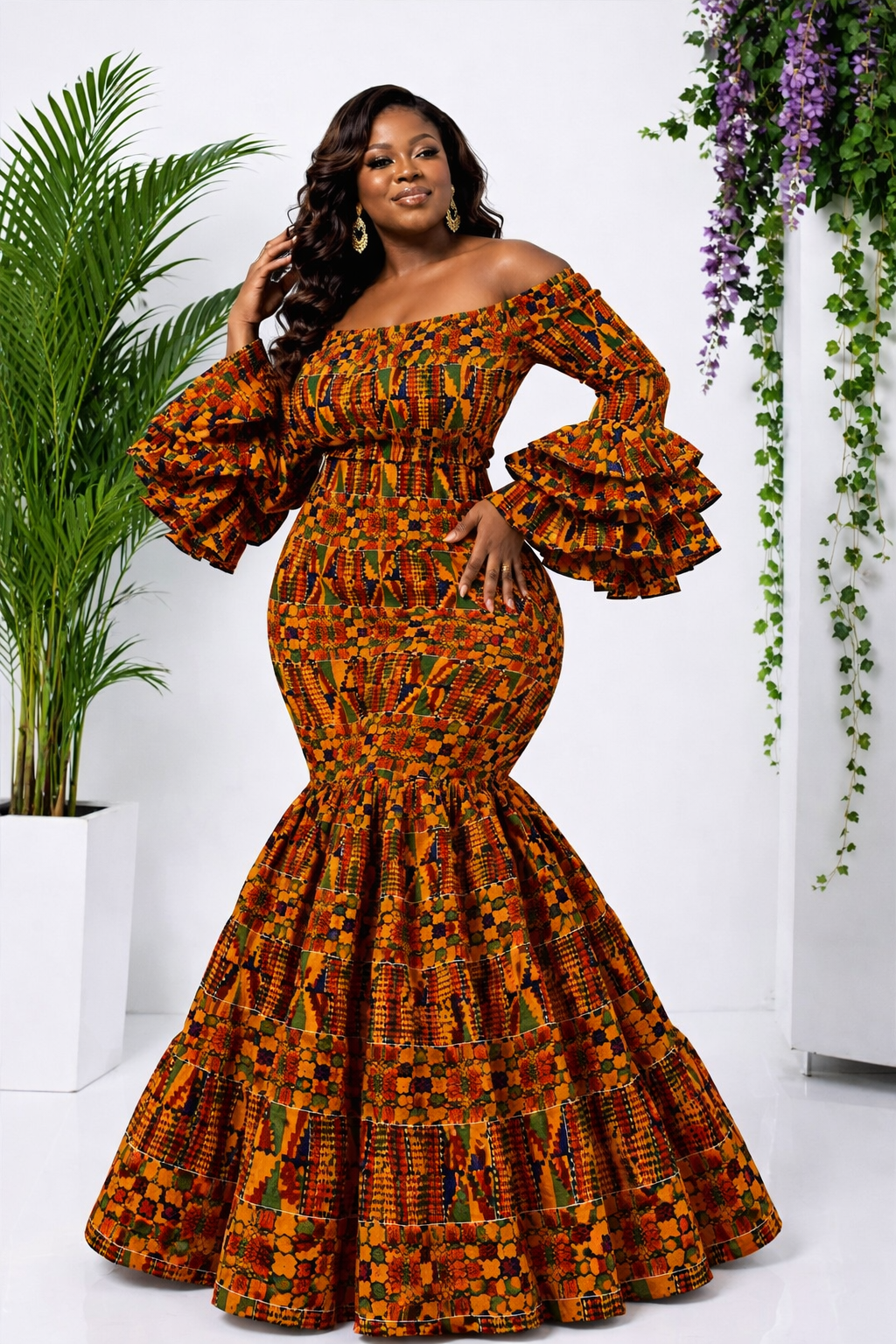 Elegant African Print Off‑Shoulder Peplum Top & Mermaid Skirt Set – Handmade Kente Style