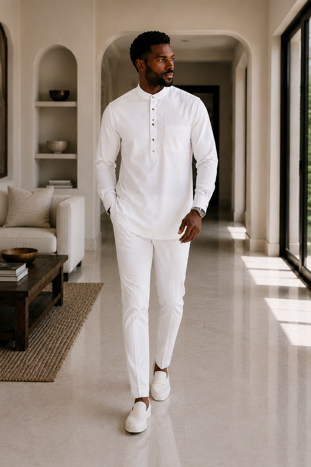 Men’s fashion, white outfit, African wear, kaftan, minimalist style, elegant clothing, wedding guest outfit, handmade apparel, modern men’s wear, luxury outfit