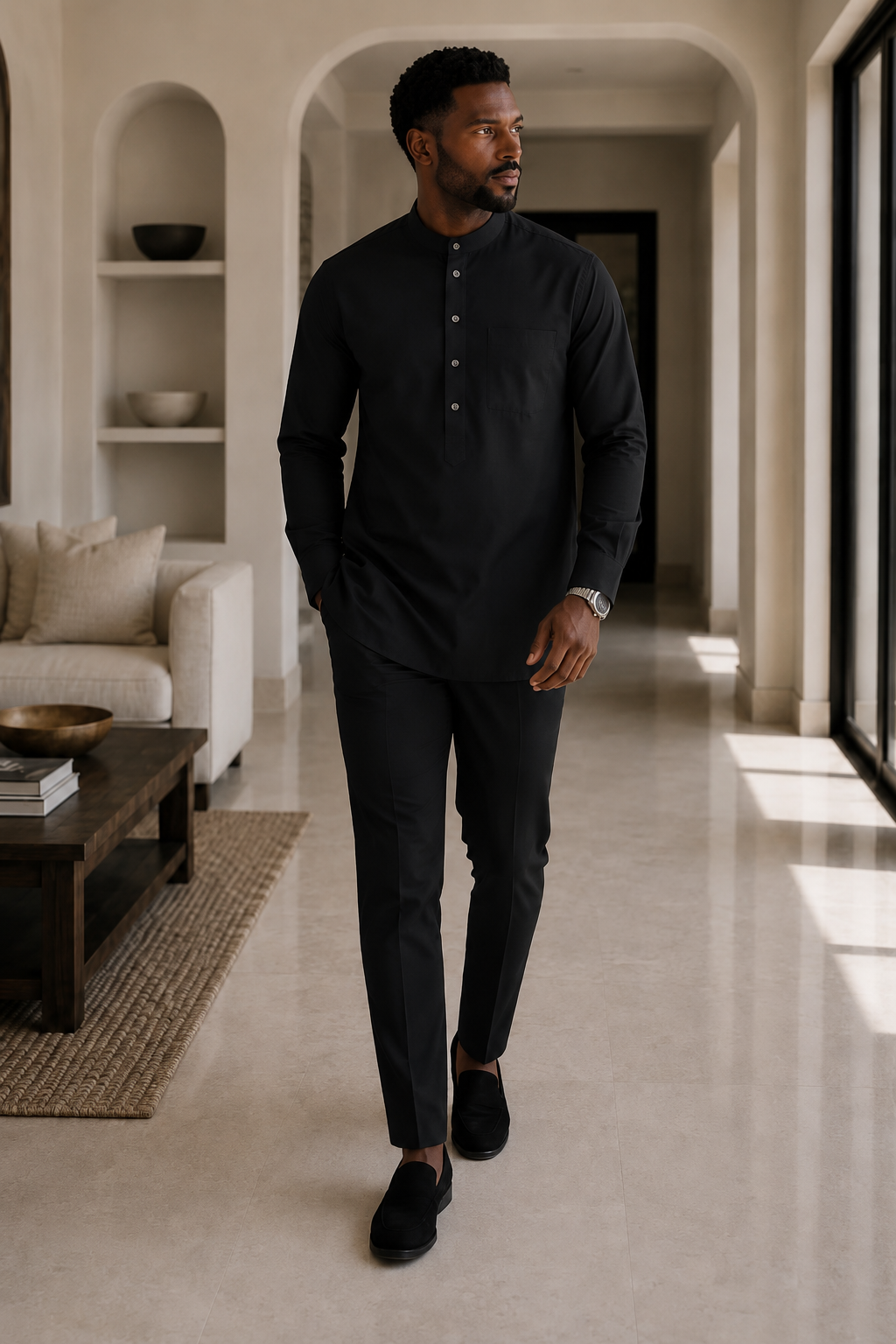 Men’s fashion, Black outfit, African wear, kaftan, minimalist style, elegant clothing, wedding guest outfit, handmade apparel, modern men’s wear, luxury outfit