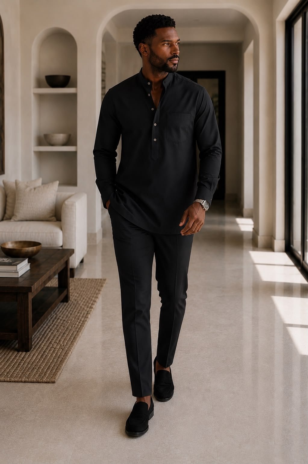 Men All‑Black African‑Inspired Long Sleeve Set, Modern Kaftan Shirt & Amp; Slim Pants. 2 Men’s fashion, Black outfit, African wear, kaftan, minimalist style, elegant clothing, wedding guest outfit, handmade apparel, modern men’s wear, luxury outfit