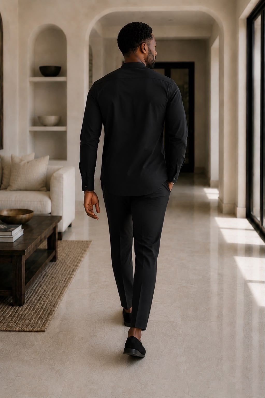 Men All‑Black African‑Inspired Long Sleeve Set, Modern Kaftan Shirt & Amp; Slim Pants. 3 Men’s fashion, white outfit, African wear, kaftan, minimalist style, elegant clothing, wedding guest outfit, handmade apparel, modern men’s wear, luxury outfit