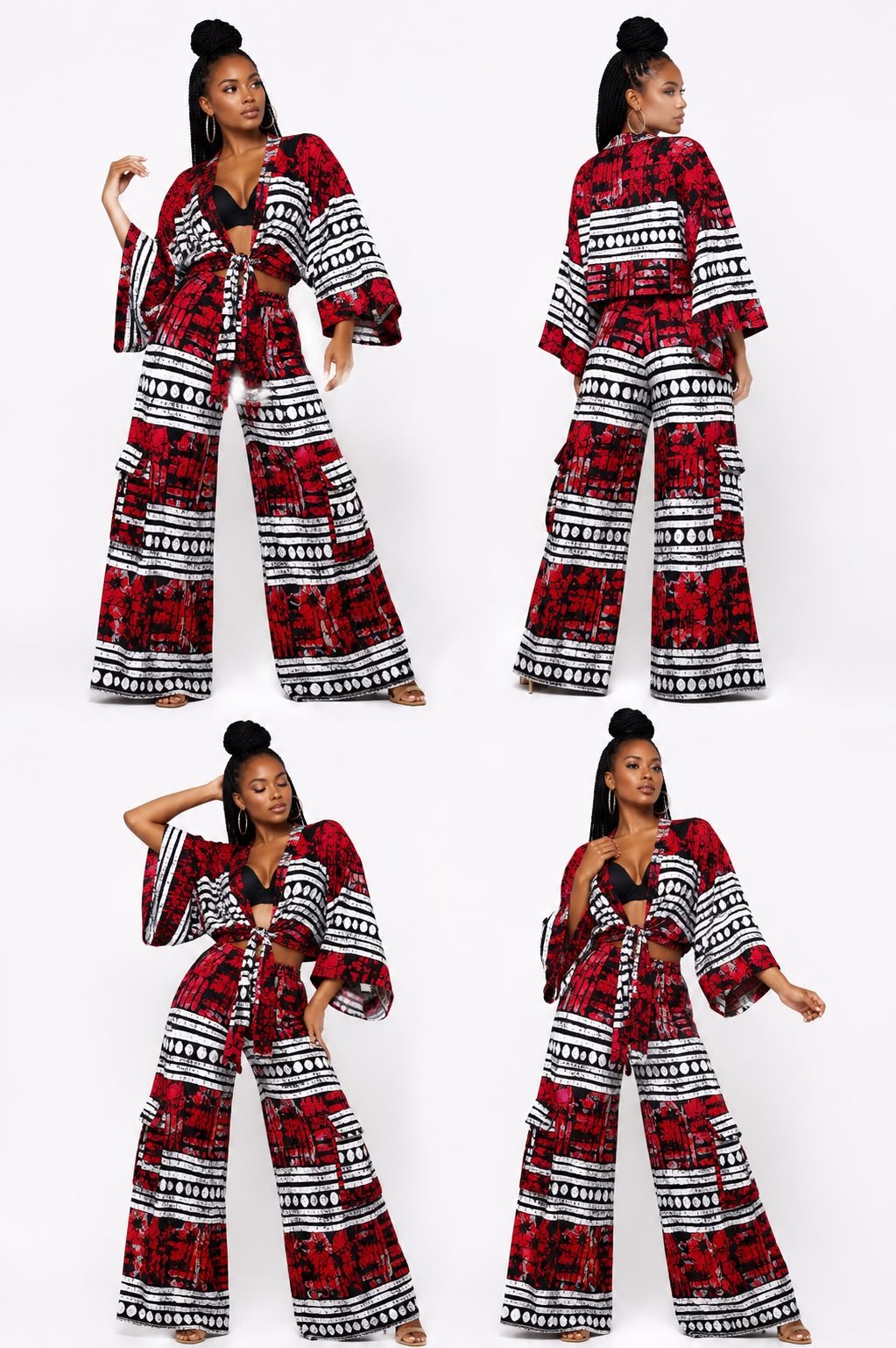African Ankara Print Two‑Piece Set, Red & Black Wide‑Leg Pants Amp, Kimono Top 3 African Ankara Print Two‑Piece Set, Red & Black Wide‑Leg Pants Amp, Kimono Top - Image 3