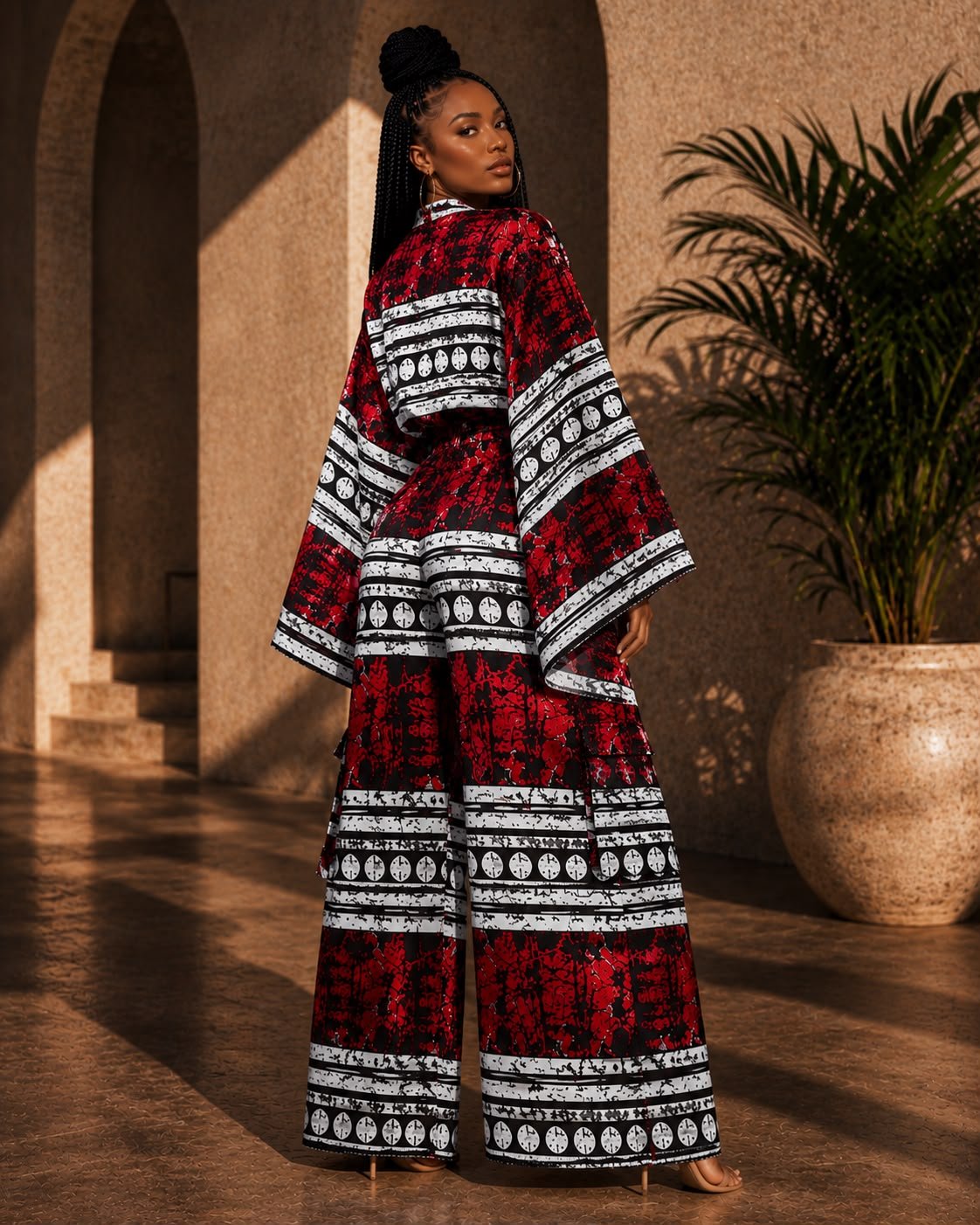 African Ankara Print Two‑Piece Set, Red & Black Wide‑Leg Pants Amp, Kimono Top 2 Woman modeling a luxury red and black African print two-piece co-ord set with a wide-sleeve tie-front kimono top and matching high-waisted wide-leg palazzo pants.