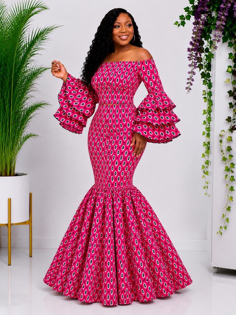 African Mermaid Maxi Ruffle Sleeve Skirt & Top Set, Vibrant Pink Tribal Print 2 African Ankara Mermaid Maxi Ruffle Sleeve Skirt & Top Set, Vibrant Pink Tribal Print, Elegant Occasion Outfit