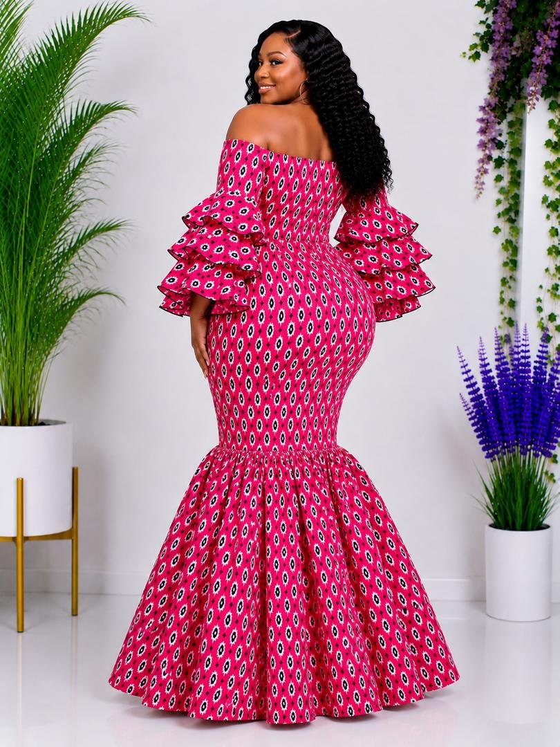 African Mermaid Maxi Ruffle Sleeve Skirt & Top Set, Vibrant Pink Tribal Print 3 African Ankara Mermaid Maxi Ruffle Sleeve Skirt & Top Set, Vibrant Pink Tribal Print, Elegant Occasion Outfit