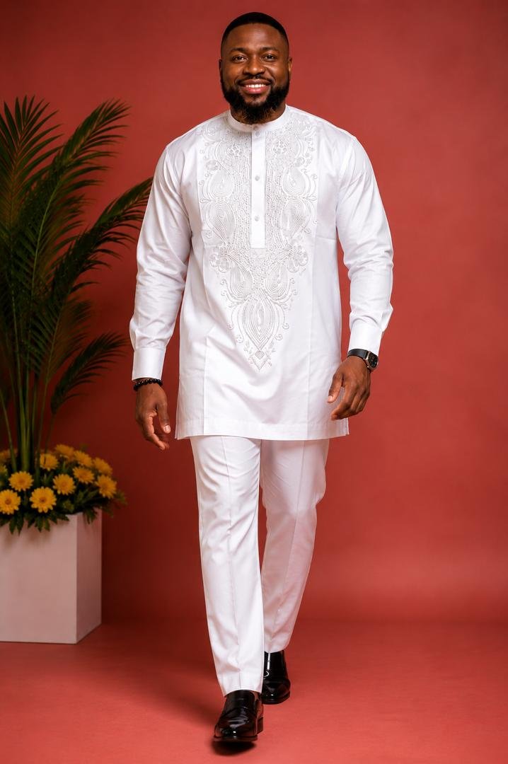 Men’s White Embroidered African Senator Set – Long Sleeve Kaftan Top and Pants
