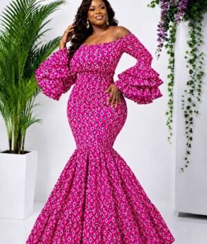 African Ankara Mermaid Maxi Ruffle Sleeve Skirt & Top Set, Vibrant Pink Tribal Print, Elegant Occasion Outfit