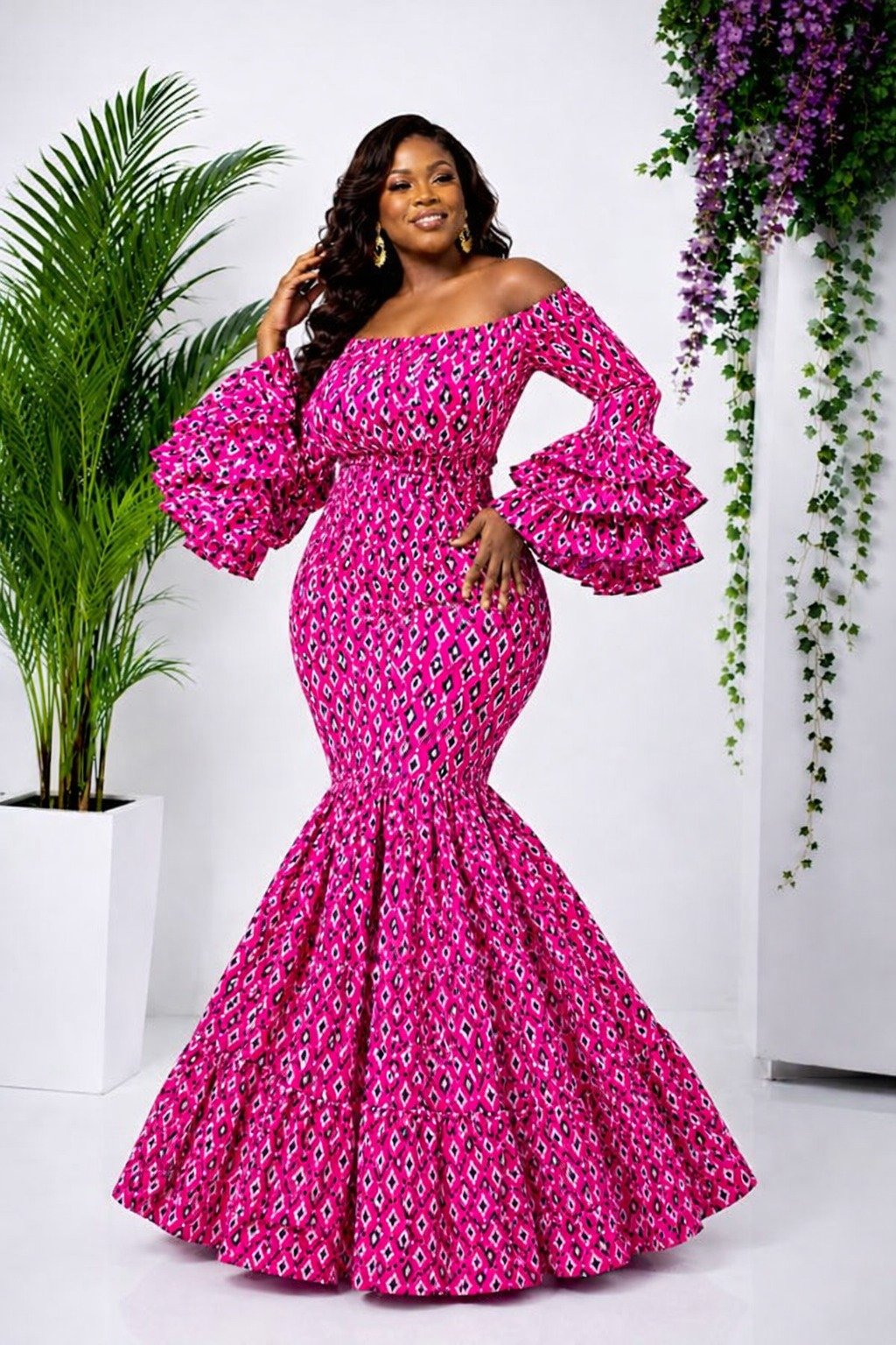 African Ankara Mermaid Maxi Ruffle Sleeve Skirt & Top Set, Vibrant Pink Tribal Print, Elegant Occasion Outfit